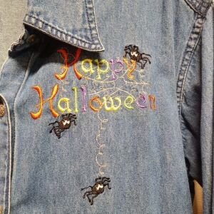 Endless Designs Women's Size M Happy Halloween Embroidered Denim Button Up Shirt